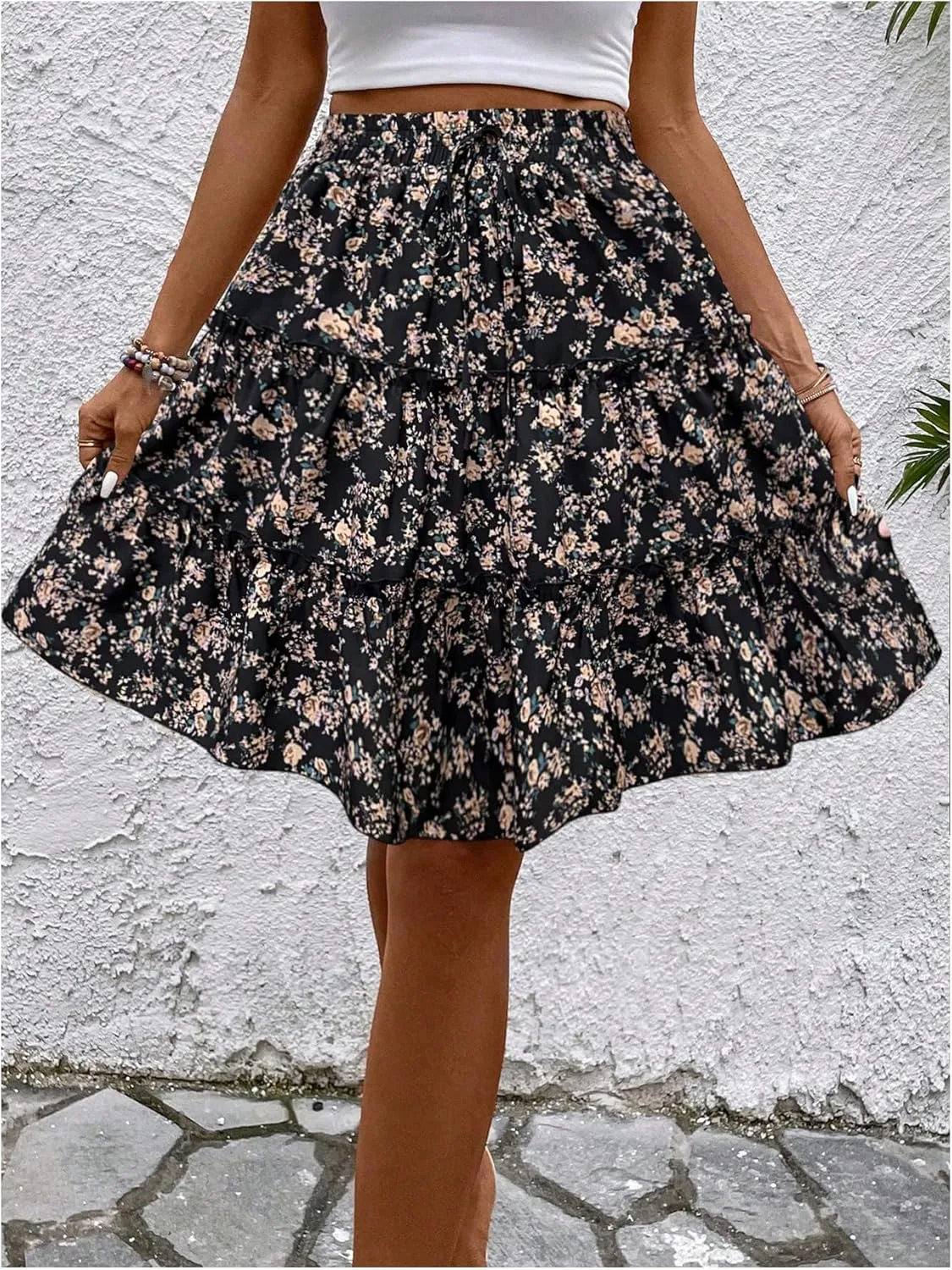 WDIRARA Women's Floral Print Ruffle Hem Elastic High Waist Tie Front Skirt