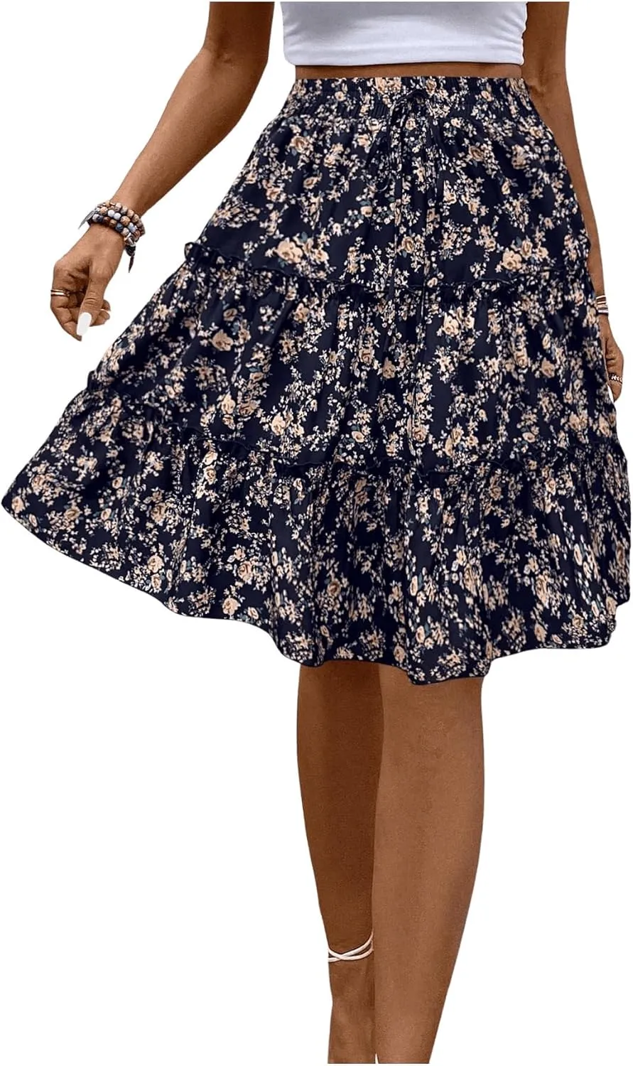 WDIRARA Women's Floral Print Ruffle Hem Elastic High Waist Tie Front Skirt