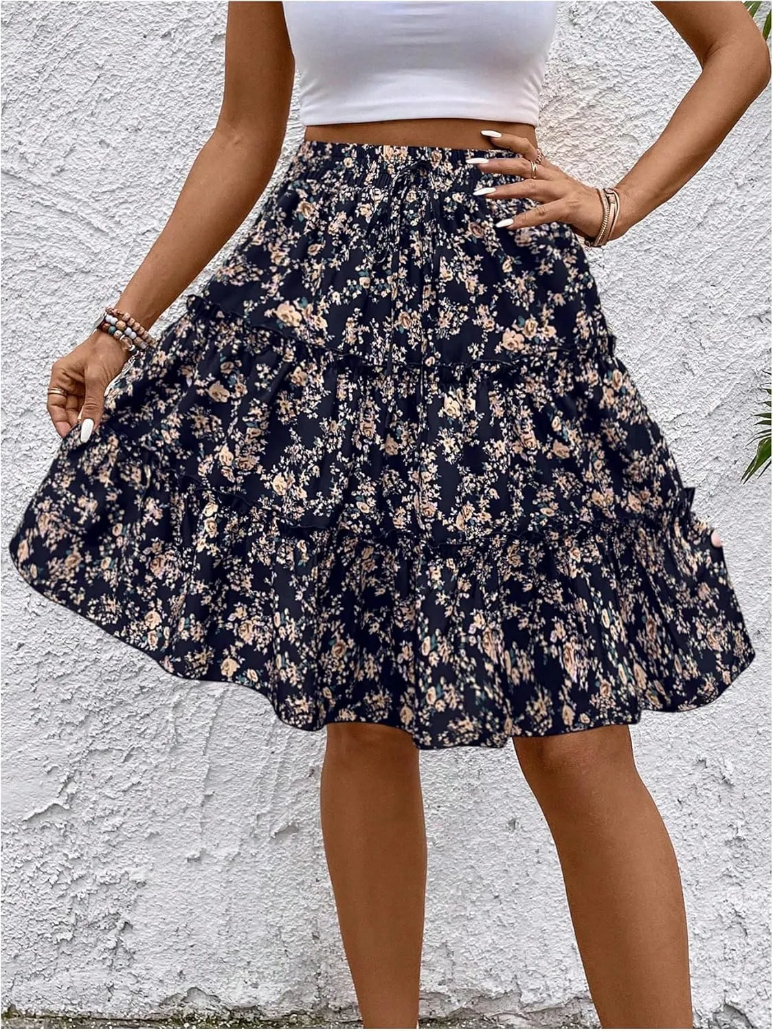 WDIRARA Women's Floral Print Ruffle Hem Elastic High Waist Tie Front Skirt
