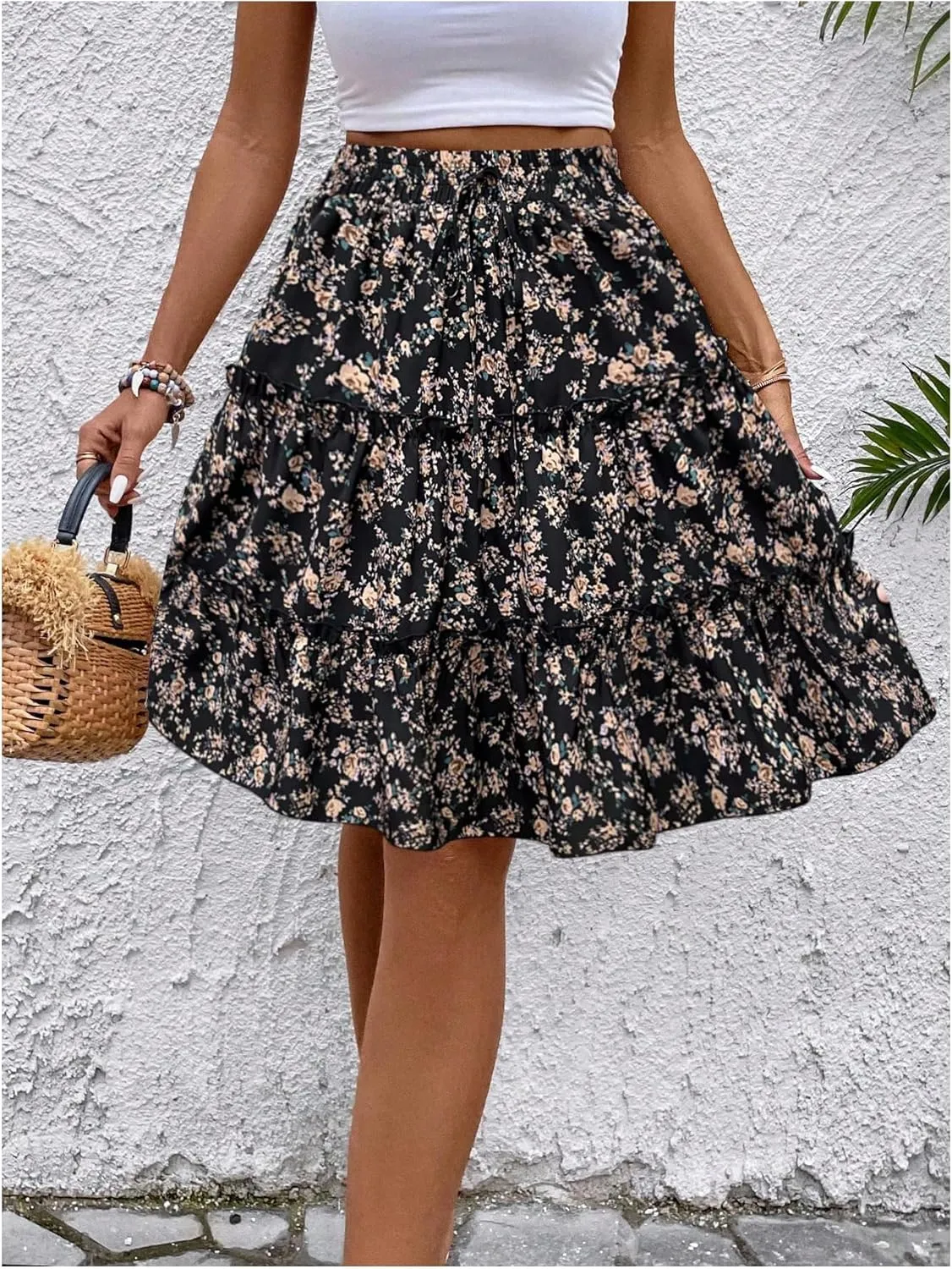 WDIRARA Women's Floral Print Ruffle Hem Elastic High Waist Tie Front Skirt