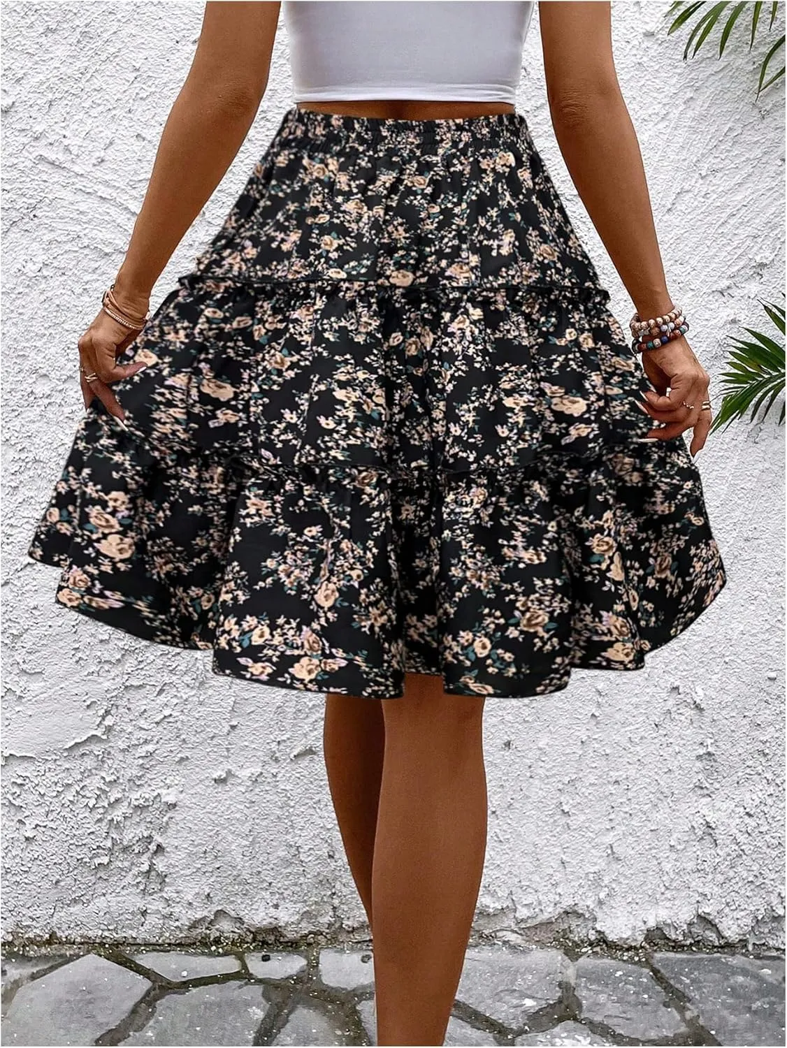 WDIRARA Women's Floral Print Ruffle Hem Elastic High Waist Tie Front Skirt