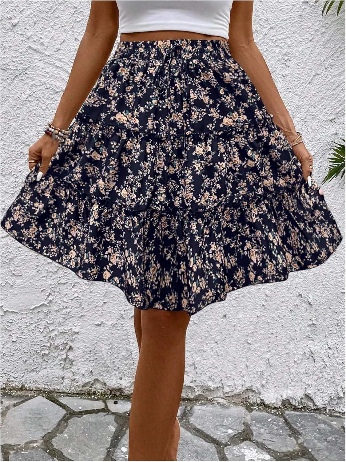 WDIRARA Women's Floral Print Ruffle Hem Elastic High Waist Tie Front Skirt