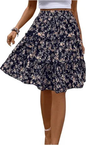WDIRARA Women's Floral Print Ruffle Hem Elastic High Waist Tie Front Skirt