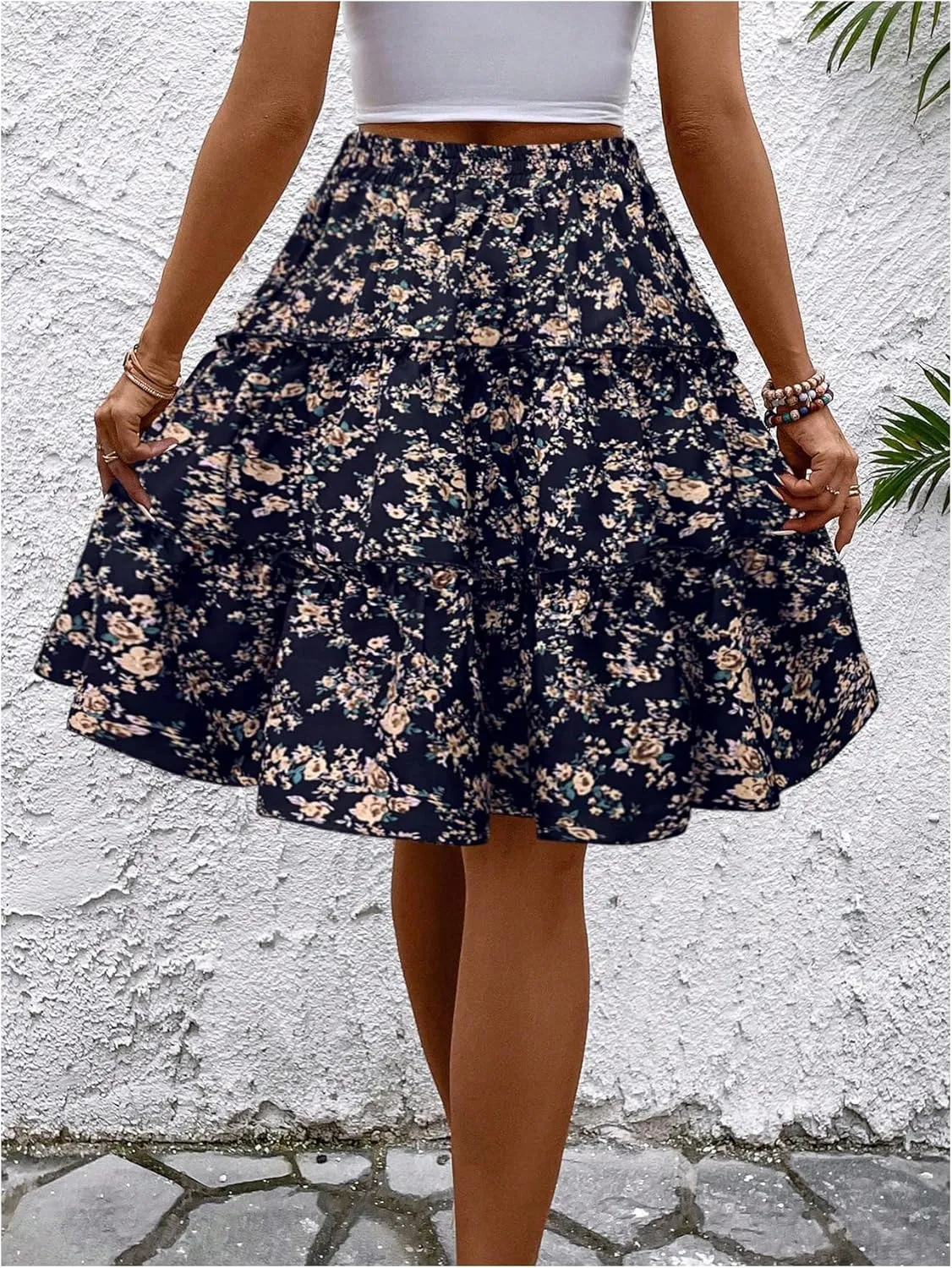 WDIRARA Women's Floral Print Ruffle Hem Elastic High Waist Tie Front Skirt