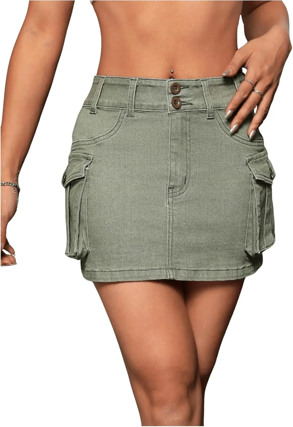WDIRARA Women's Low Waist Button Bodycon Mini Cargo Denim Skirt with Pocket
