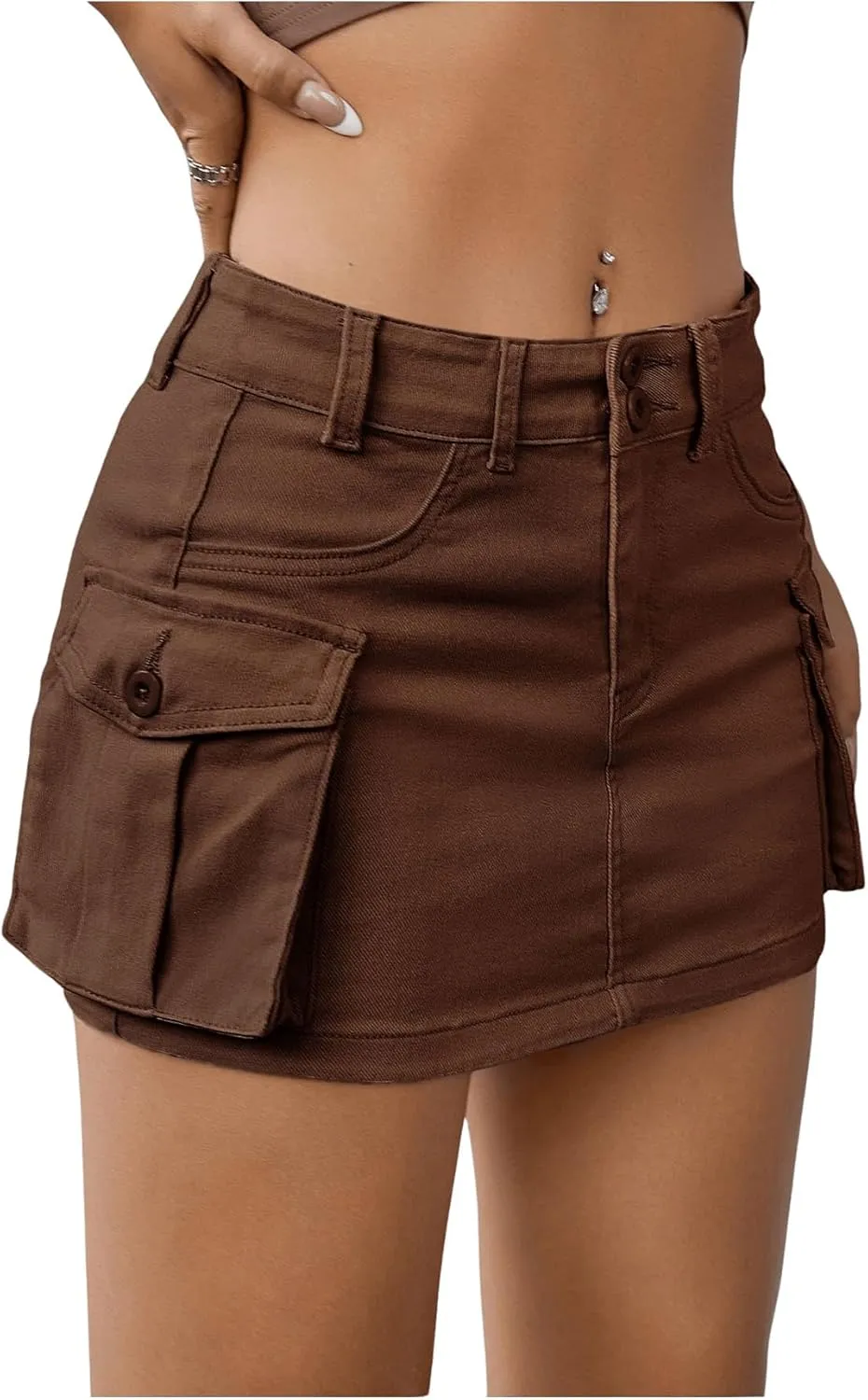WDIRARA Women's Low Waist Button Bodycon Mini Cargo Denim Skirt with Pocket