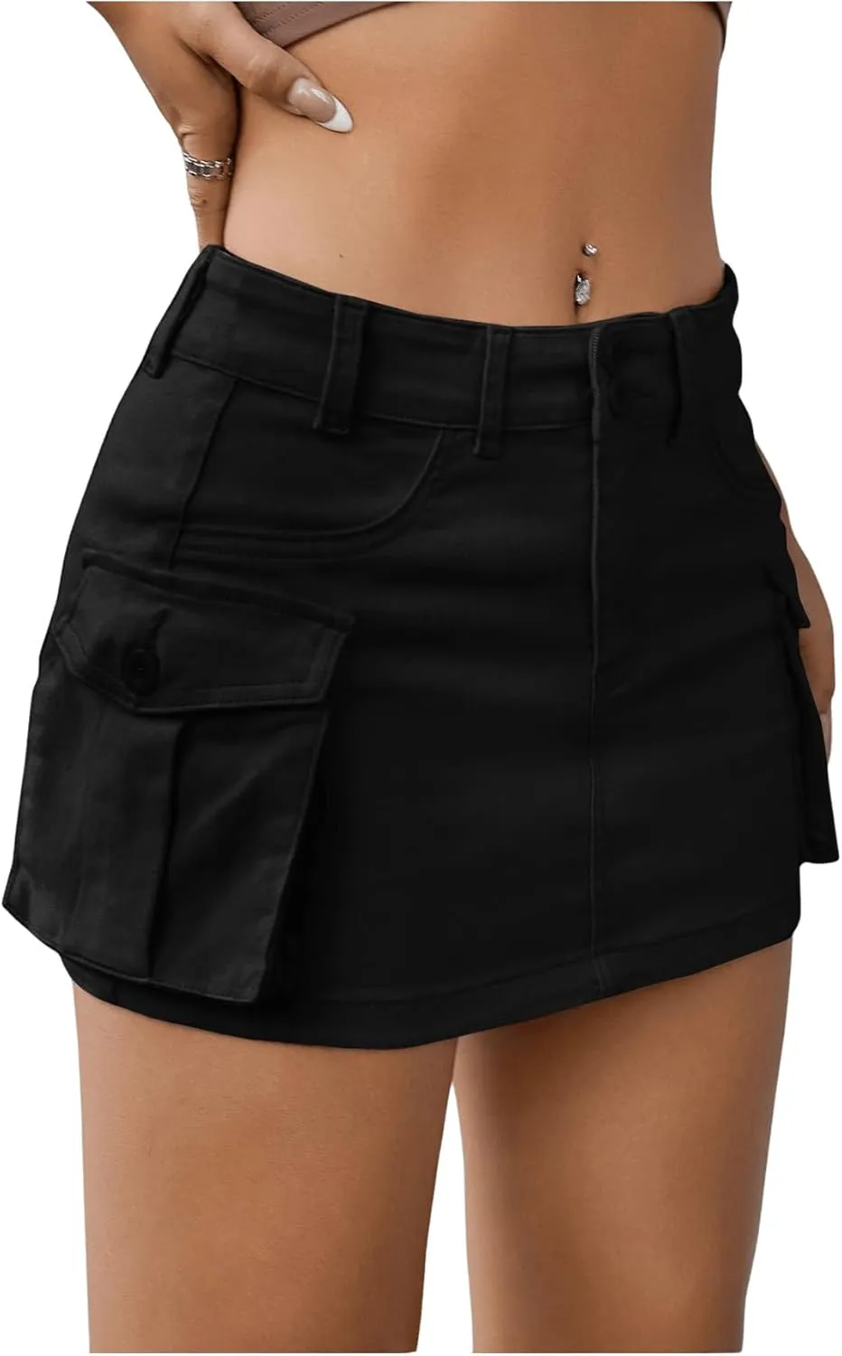 WDIRARA Women's Low Waist Button Bodycon Mini Cargo Denim Skirt with Pocket