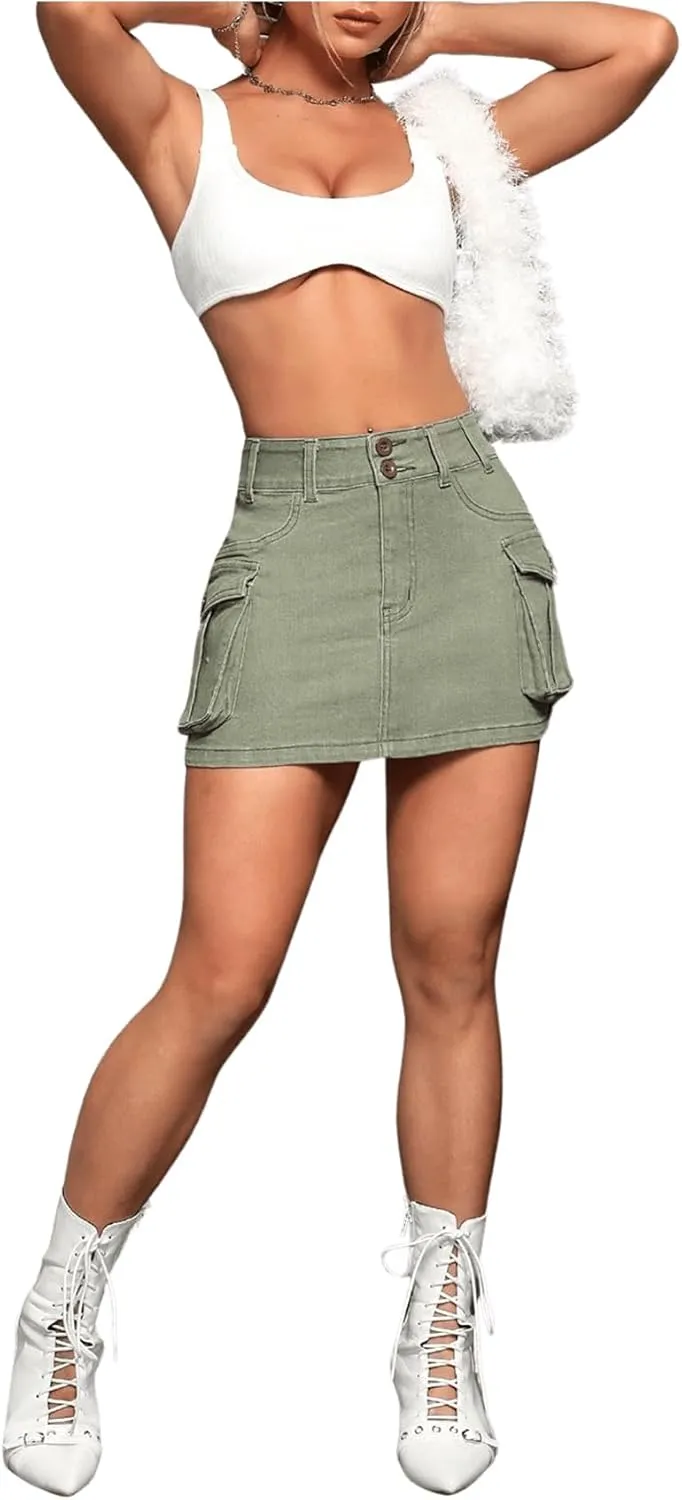 WDIRARA Women's Low Waist Button Bodycon Mini Cargo Denim Skirt with Pocket