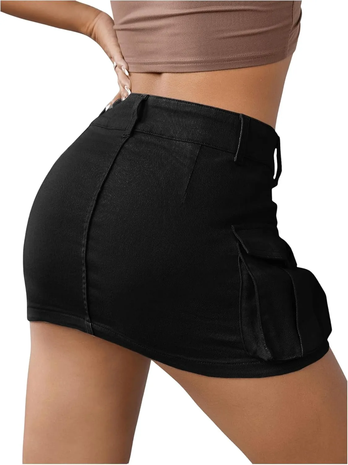 WDIRARA Women's Low Waist Button Bodycon Mini Cargo Denim Skirt with Pocket