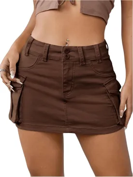 WDIRARA Women's Low Waist Button Bodycon Mini Cargo Denim Skirt with Pocket