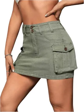 WDIRARA Women's Low Waist Button Bodycon Mini Cargo Denim Skirt with Pocket