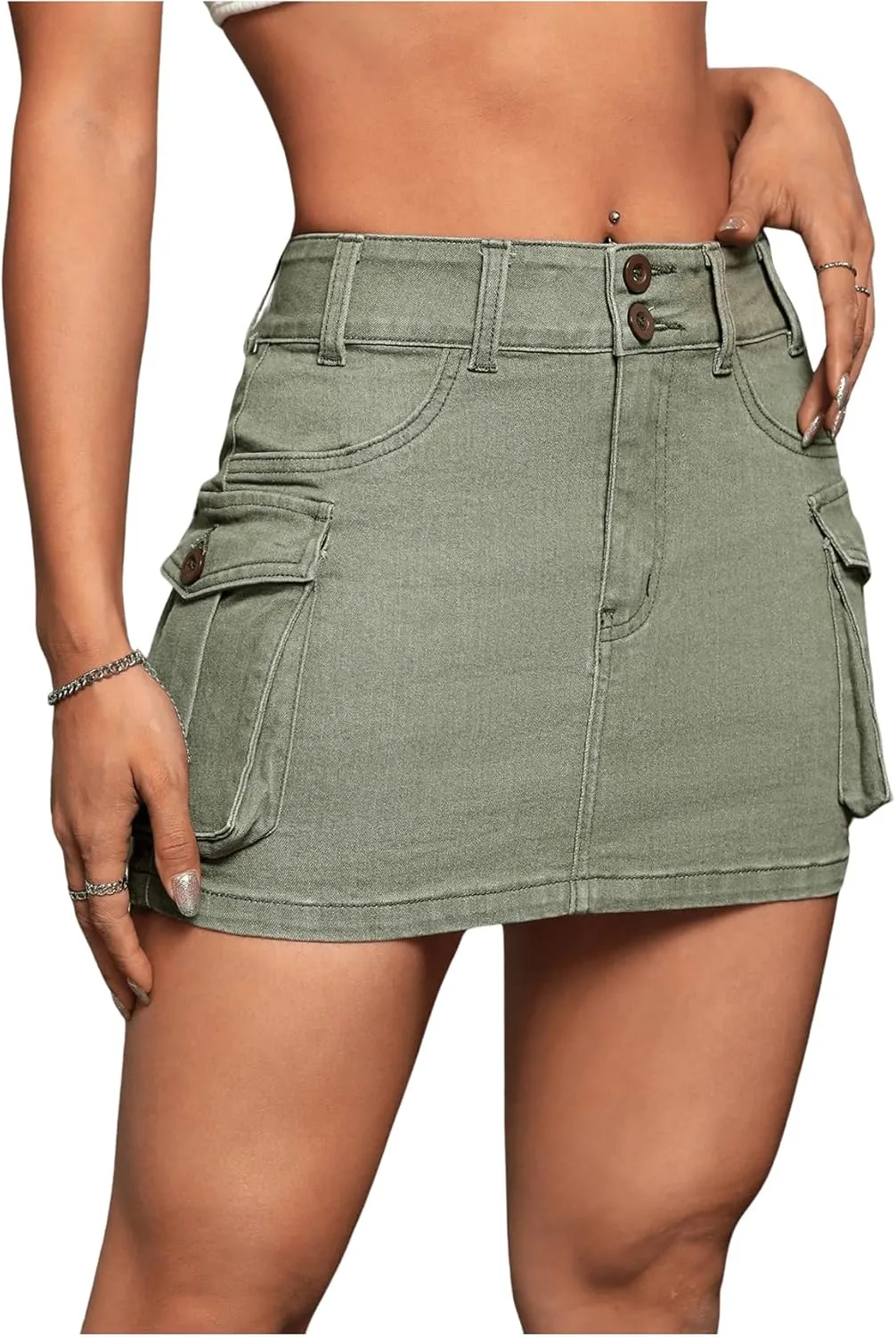 WDIRARA Women's Low Waist Button Bodycon Mini Cargo Denim Skirt with Pocket