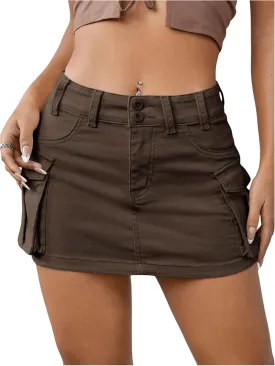 WDIRARA Women's Low Waist Button Bodycon Mini Cargo Denim Skirt with Pocket