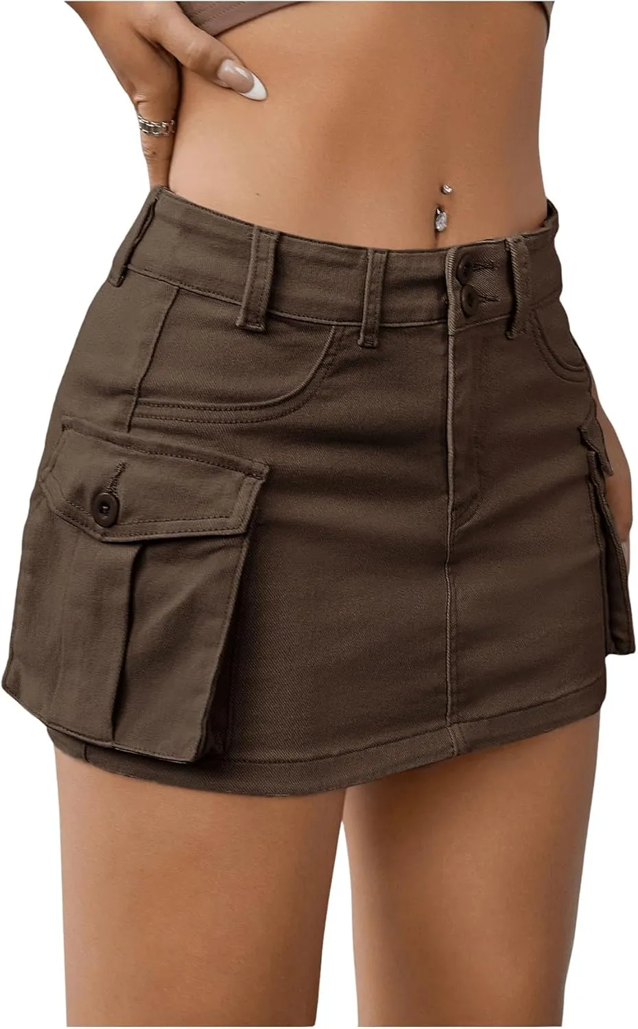 WDIRARA Women's Low Waist Button Bodycon Mini Cargo Denim Skirt with Pocket