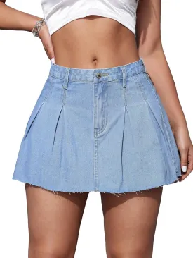 WDIRARA Women's Low Waist Button Raw Hem Pleated Aline Mini Denim Skirt
