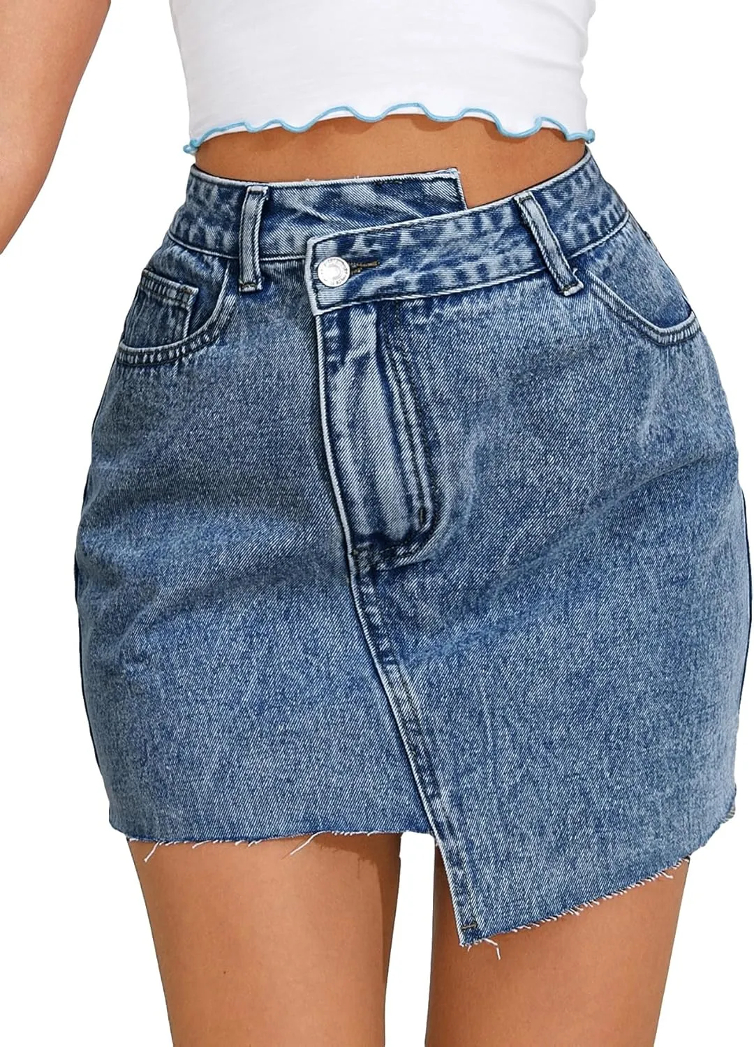 WDIRARA Women's Raw Trim Bodycon Denim Skirt Asymmetrical High Waisted Ripped Mini Jean Skirt with Pocket