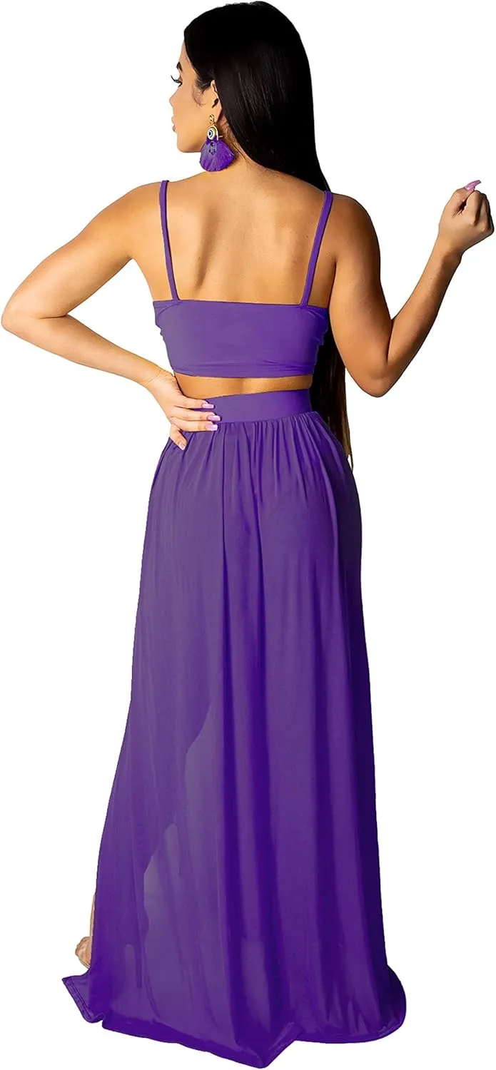 Women Sexy 2 Piece Outfits Dress Chiffon Strap Deep V Neck Bra Crop Top High Split Maxi Dresses Skirt Set