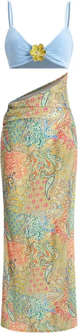 Women's Bra Cut Out Maxi Dress Sexy Boho Paisley Contrast Pattern Slip Sleeveless Bodycon Long Dress