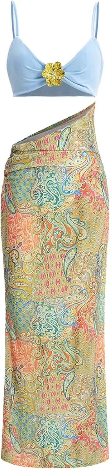 Women's Bra Cut Out Maxi Dress Sexy Boho Paisley Contrast Pattern Slip Sleeveless Bodycon Long Dress
