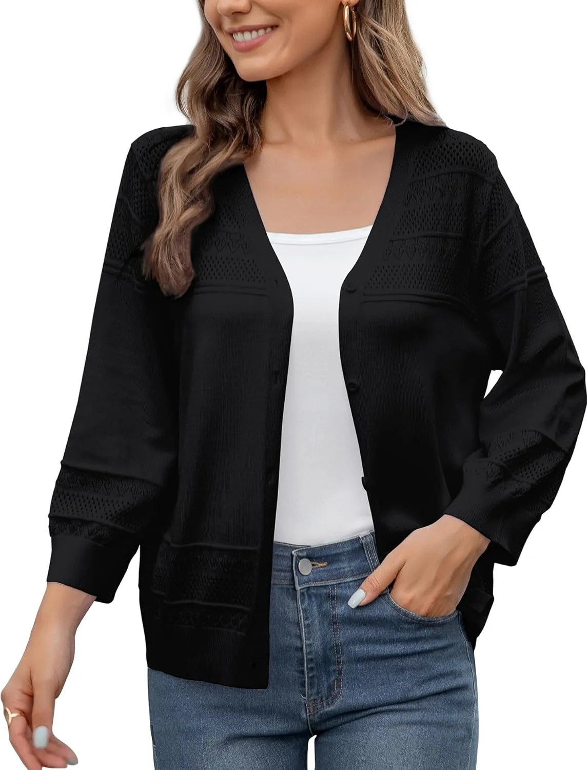 Women's Casual Lightweight 3/4 Sleeve Cardigan Trendy Soft Button Down Hollow Out Cardigans Sweaters