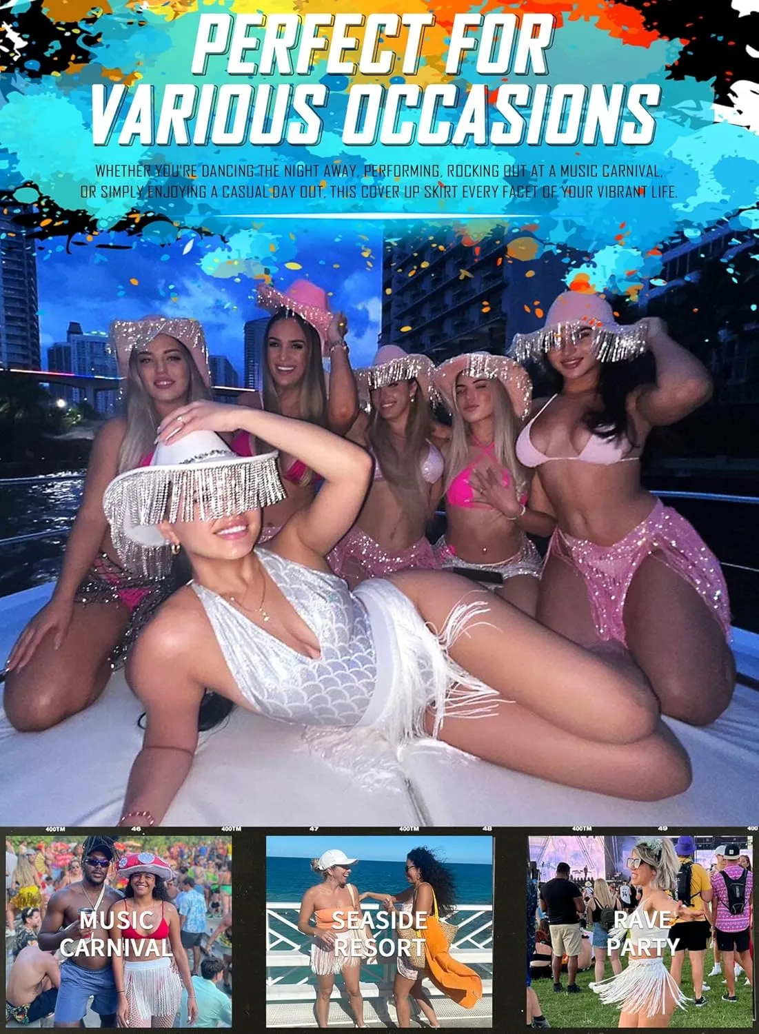 Womens Fringe Trim Mini Skirts - Cowgirl Western Festival Outfits Rave Bottoms Beach Tassel High Waisted Cover Up