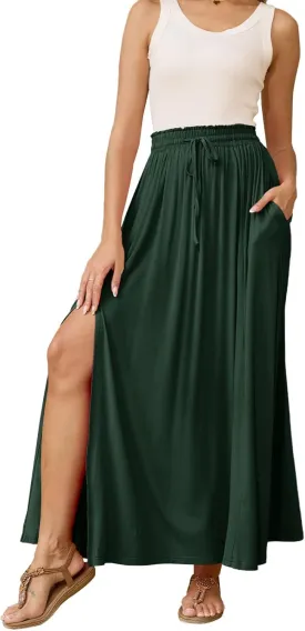 Womens Maxi High Elastic Waisted Skirt Flowy A-Line Split Hem Beach Long Skirts for Women with Pockets