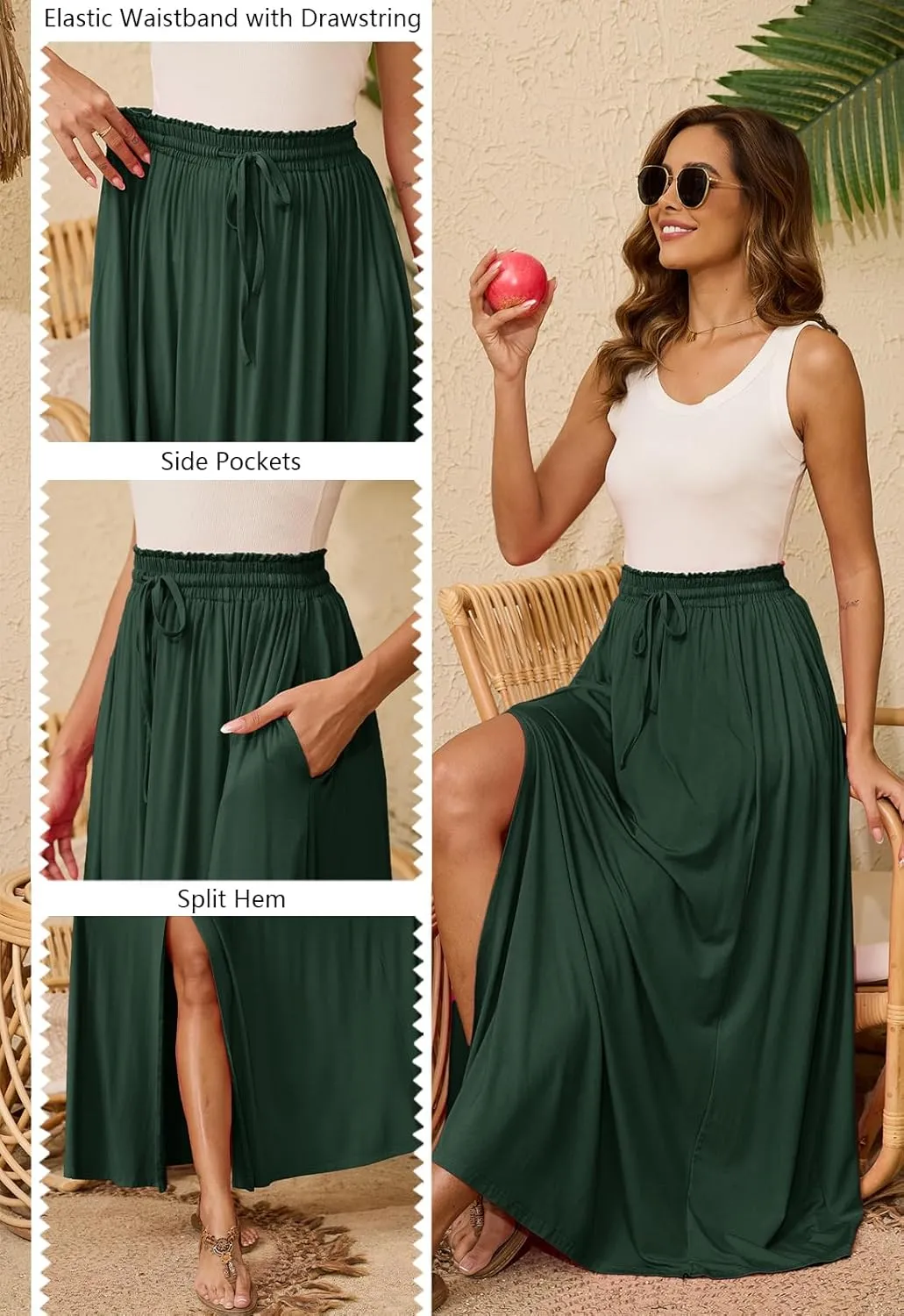 Womens Maxi High Elastic Waisted Skirt Flowy A-Line Split Hem Beach Long Skirts for Women with Pockets