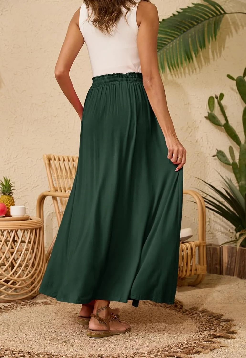 Womens Maxi High Elastic Waisted Skirt Flowy A-Line Split Hem Beach Long Skirts for Women with Pockets
