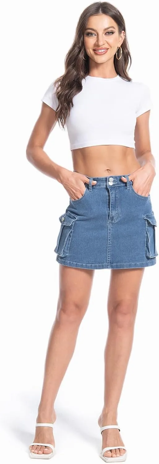Women's Mini Cargo Denim Skirt, Low Rise Cargo Skirt Button Bodycon Jean Skirt with Pockets
