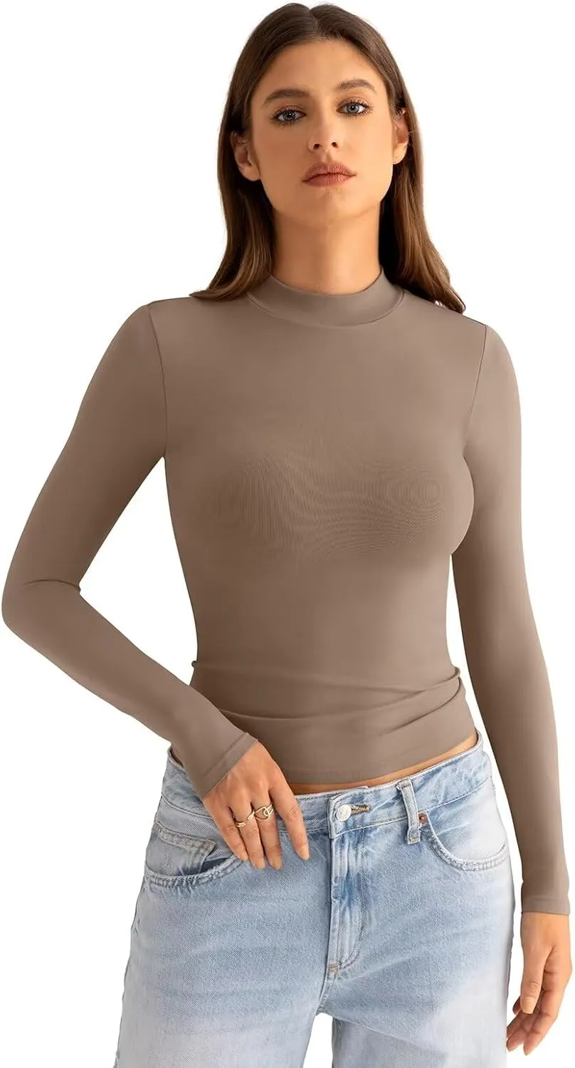 Womens Mock Neck Long Sleeve T Shirts Seamless Tops Turtleneck Slim Fitted Fall Winter Top Basic Clothes 2025