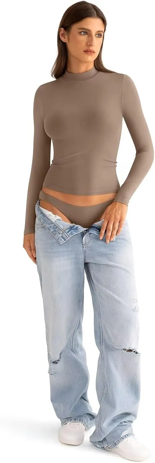 Womens Mock Neck Long Sleeve T Shirts Seamless Tops Turtleneck Slim Fitted Fall Winter Top Basic Clothes 2025