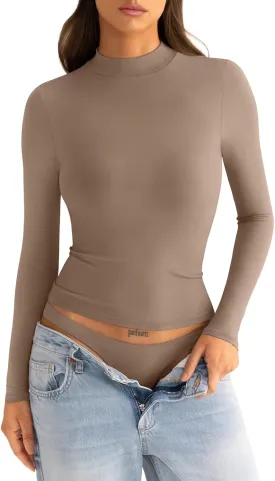 Womens Mock Neck Long Sleeve T Shirts Seamless Tops Turtleneck Slim Fitted Fall Winter Top Basic Clothes 2025