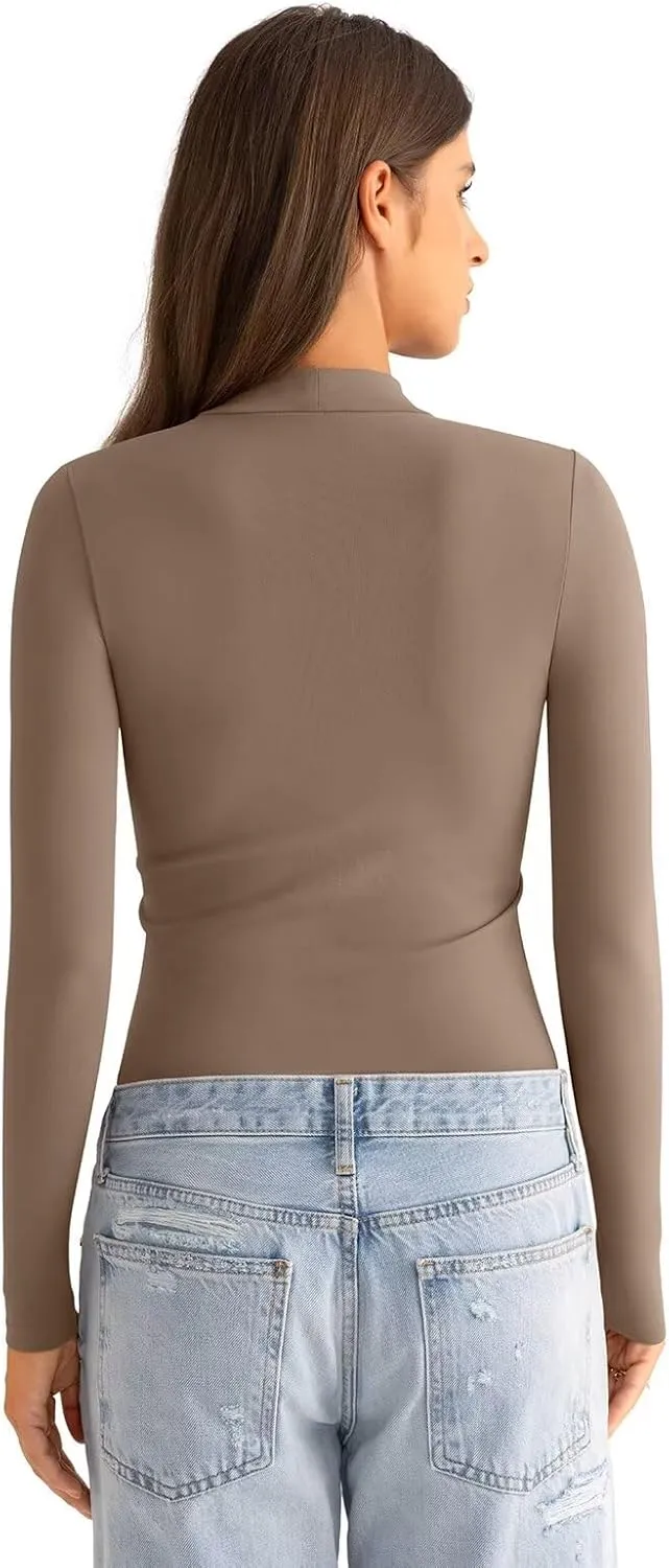 Womens Mock Neck Long Sleeve T Shirts Seamless Tops Turtleneck Slim Fitted Fall Winter Top Basic Clothes 2025