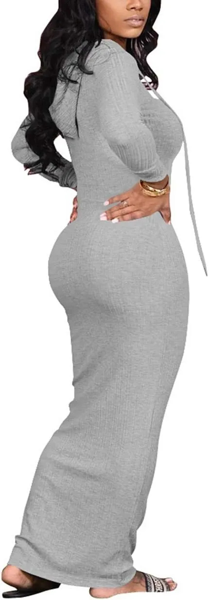 WUSENST Women's Maxi Dress Sexy Bodycon Long Sleeve Pullover Hoodie Casual Slim Sweatshirt
