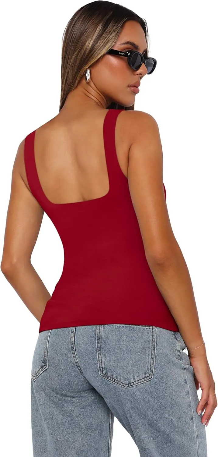 XIEERDUO Womens Square Neck Fitted Tank Tops Double Layer Seamless Slim Fit Shirts 2025 Basic Spring Summer