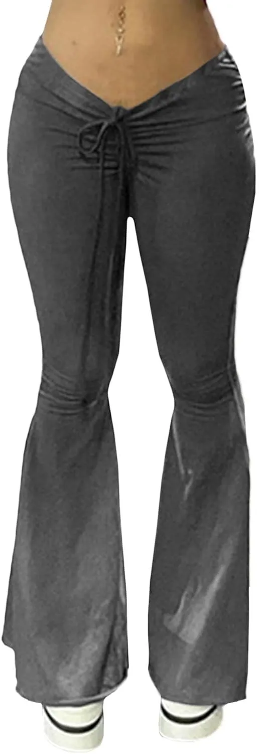 xxxiticat Women's Low Rise Lace Up Flared Pants Bandage Drawstring Waist Wide Leg Bodycon Bell-Bottom Trousers