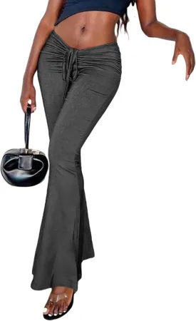 xxxiticat Women's Low Rise Lace Up Flared Pants Bandage Drawstring Waist Wide Leg Bodycon Bell-Bottom Trousers