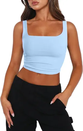 Zeagoo Women's Square Neck Sleeveless Crop Tops 2025 Cute Double Layer Seamless Slim Fit Y2k Tank Tops