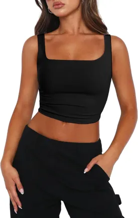 Zeagoo Women's Square Neck Sleeveless Crop Tops 2025 Cute Double Layer Seamless Slim Fit Y2k Tank Tops