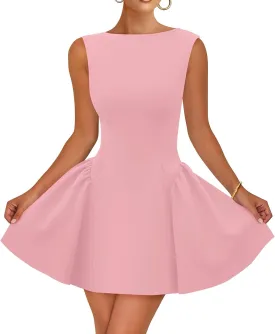 ZESICA Women's 2025 Summer Sleeveless Cocktail Mini Dress Boat Neck Backless Swing A Line Wedding Club Party Short Dresses