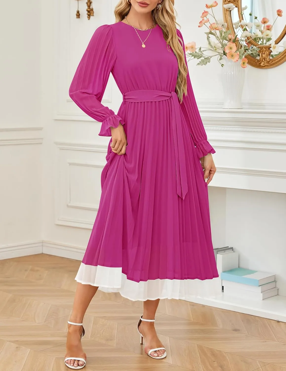 ZESICA Women's Spring Long Sleeve Chiffon Dress Casual Crew Neck Pleated A Line Flowy Midi Dresses with Belt