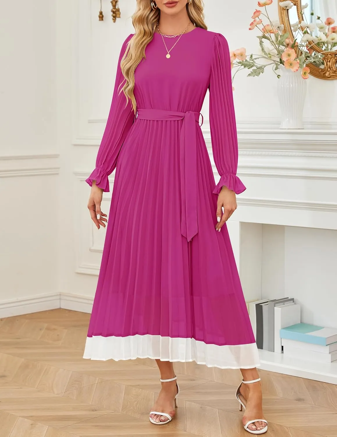 ZESICA Women's Spring Long Sleeve Chiffon Dress Casual Crew Neck Pleated A Line Flowy Midi Dresses with Belt