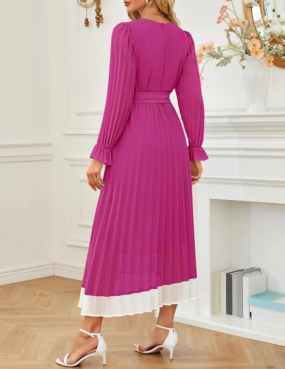 ZESICA Women's Spring Long Sleeve Chiffon Dress Casual Crew Neck Pleated A Line Flowy Midi Dresses with Belt