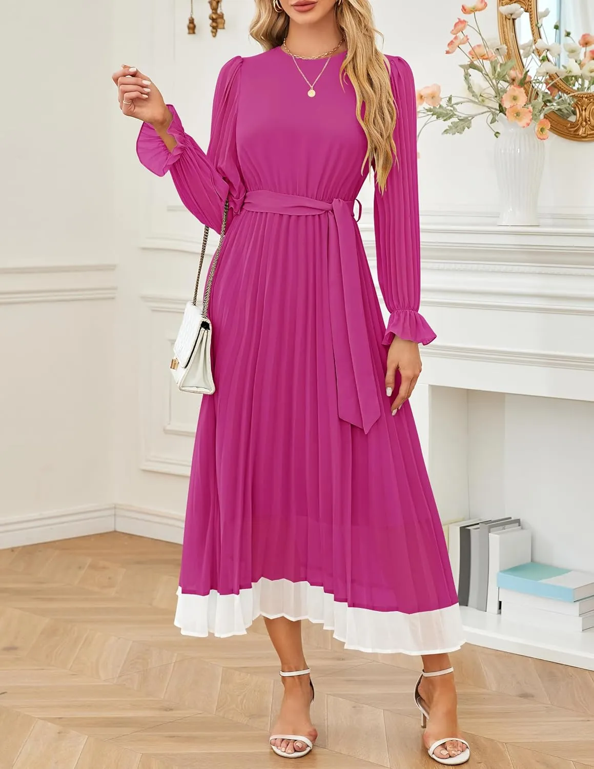 ZESICA Women's Spring Long Sleeve Chiffon Dress Casual Crew Neck Pleated A Line Flowy Midi Dresses with Belt