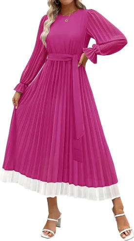 ZESICA Women's Spring Long Sleeve Chiffon Dress Casual Crew Neck Pleated A Line Flowy Midi Dresses with Belt
