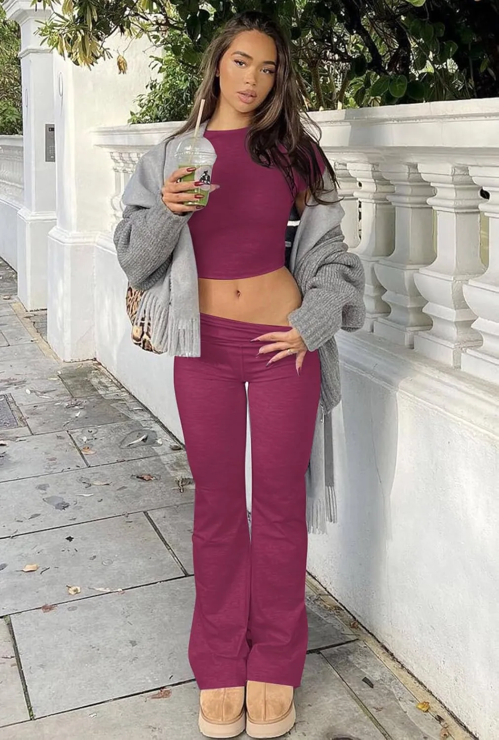 ZFLM Casual Workout Two Piece Outfits for Women Short Sleeve Crop High Waist Foldover Flare Pants Tracksuit Sets Streetwear